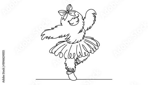 Yeti dancing ballet in tutu with bow, single line art on transparent background