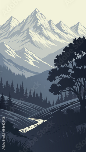 A serene mountain landscape unfolds with a winding river flowing through rolling hills and dense pine forests, leading to majestic snow-capped peaks under a pale sky.