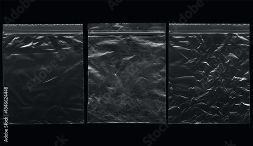 Realistic plastic package. Vacuum-sealed clear vinyl pouch. Vector mock-up set.