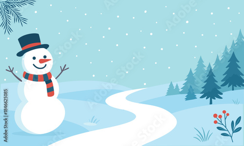 Snowman in Winter Landscape with Falling Snow