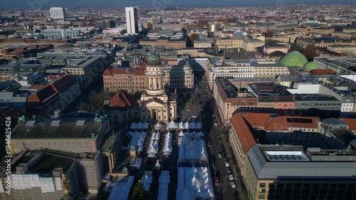 Magical Christmas market at Gendarmenmarkt Berlin. Lovely aerial view drone