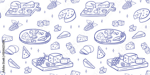 Seamless pattern with cheese platter in doodle style with various gourmet pieces. Line art illustrations, camembert, cheddar, grapes on charcuterie board on white background