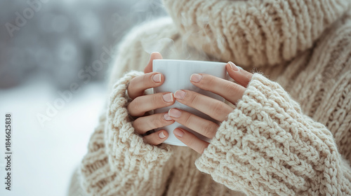 Close-up cropped shot of a female model's hands holding a steaming white ceramic mug of hot tea. She is wearing a thick, oversized cream-colored cable knit sweater that covers her wrists