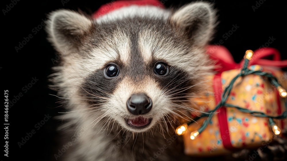 Obraz premium Charming raccoon cub with a cheerful smile welcomes the holiday spirit. Clean retouch. Raccoon's cheerful grin and santa cuteness on a charming christmas card. Product showcase.