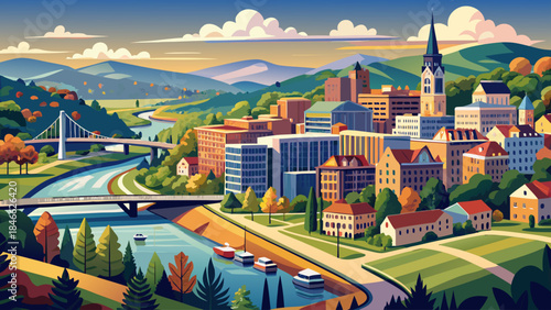 Very beautiful long panoramic view of Charleston, West Virginia, riverfront city layout, surrounding hills, balanced skyline, and calm urban atmosphere illustrated in refined vector style.
