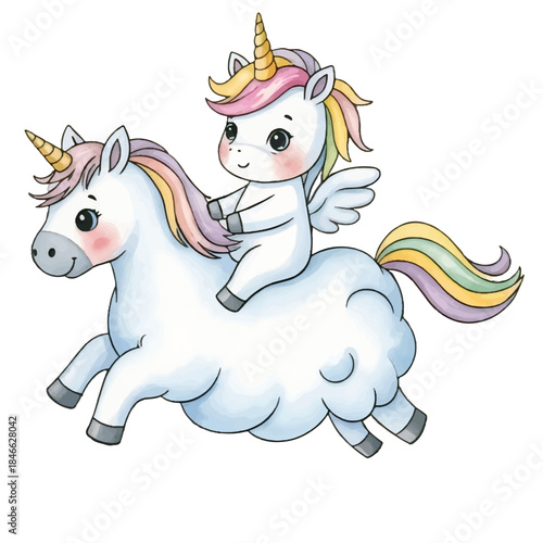 Rainbow Haired Unicorns Playing on a Cloud