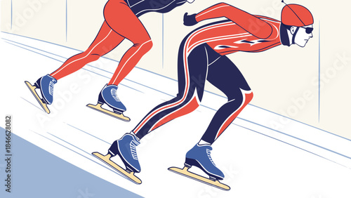 Speed skaters racing on ice track in dynamic poses