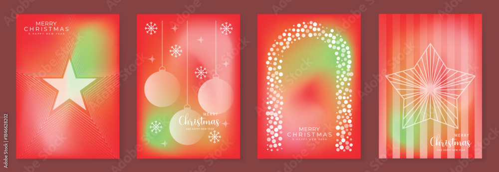 Fototapeta premium Merry Christmas and Happy New Year vector greeting card set with gradient background snowflake and tree elements. Festive modern design for holiday poster banner invitation and background.