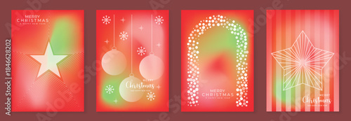 Merry Christmas and Happy New Year vector greeting card set with gradient background snowflake and tree elements. Festive modern design for holiday poster banner invitation and background.