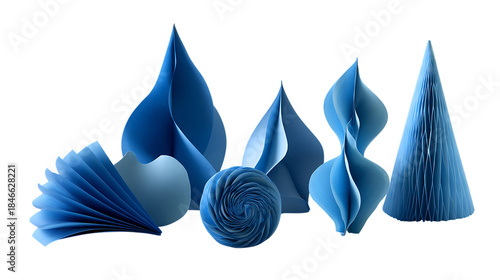 Abstract blue paper sculptures modern art forms minimalist design for creative projects isolated on white background.