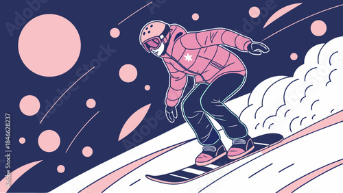 Snowboarder in pink gear carving through snowy night landscape