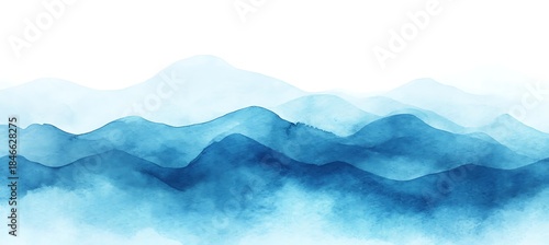 Illustration of watercolor mountain range landscape with blue hues isolated on white background
