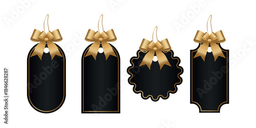 Elegant gift tags with golden bows in various shapes, executed in a realistic style, for packaging design, holiday marketing, product branding, retail promotions, and event invitations. Vector image.