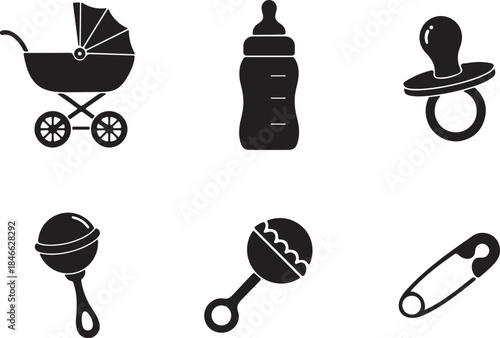 Newborn baby care essentials and infant accessories silhouette icons