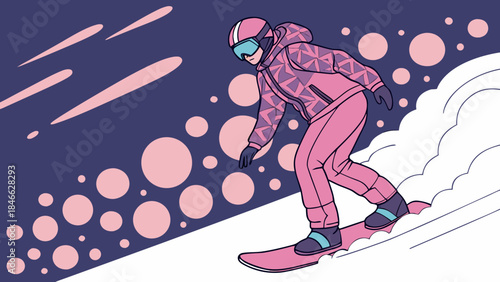 Snowboarder in pink gear carving through snowy slope with style