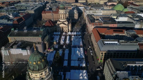 Magical Christmas market at Gendarmenmarkt Berlin. Great aerial view drone