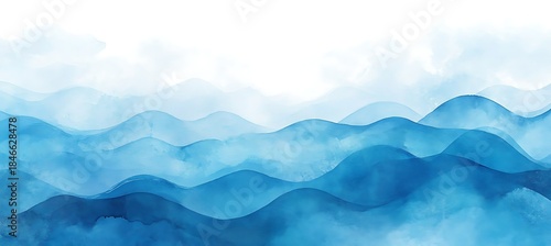 Illustration of a serene blue mountain range landscape with soft watercolor hills under a cloudy sky