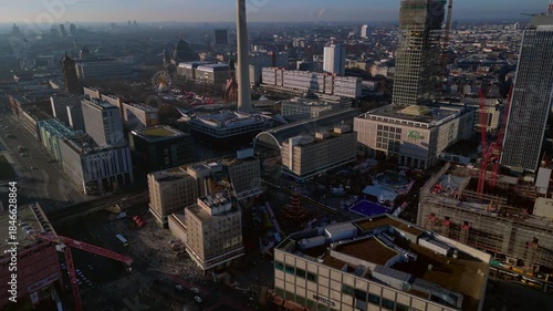 Alexanderplatz Christmas market Berlin bustling. Unique aerial view drone