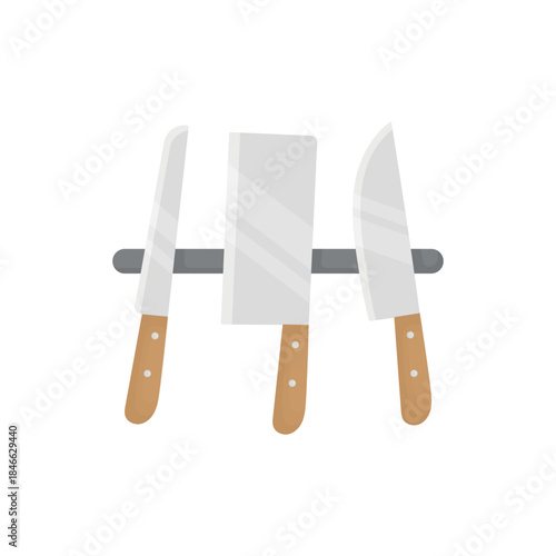 Three kitchen knives on a magnetic stand on a white background. Kitchen elements. Cooking tools.