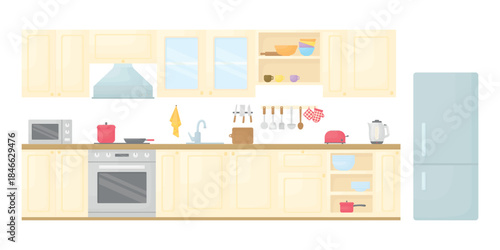 Light-colored kitchen interior on a white background. Kitchen furniture. Kitchen with dishes and appliances.
