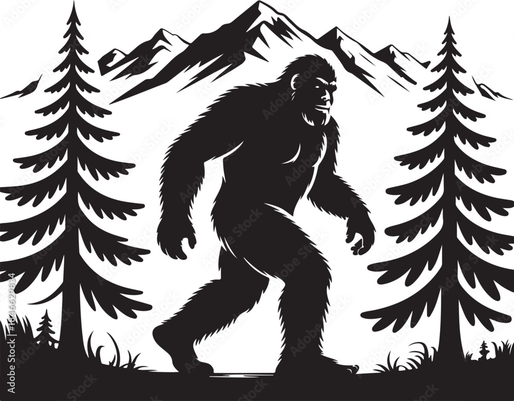 Fototapeta premium Bigfoot walking through forest with mountains