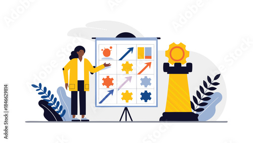Young strategy advisor presents business growth chart, competition, financial goals using a chess rook, illustrating corporate business planning