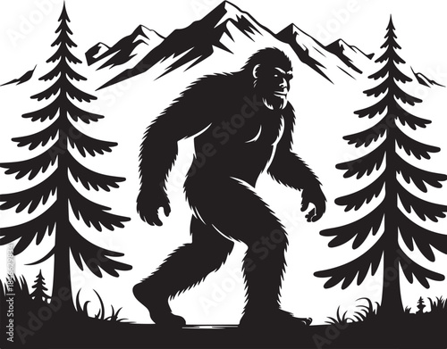 Bigfoot walking through forest with mountains