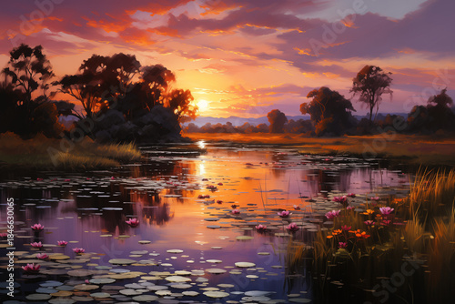 Sunset on Calm Sea with Warm Impressionist Colors