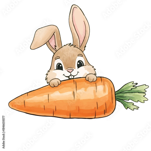 Cute cartoon bunny rabbit character happily holding a carrot, perfect vector illustration for Easter and spring holiday design