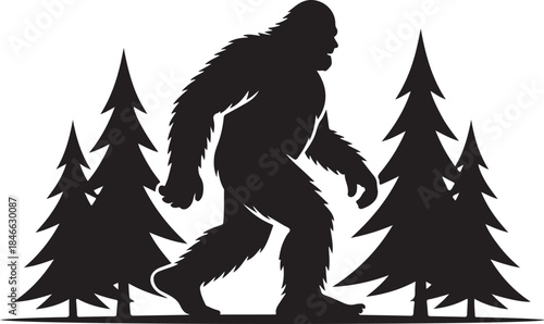 Bigfoot walking through forest with pine trees silhouette