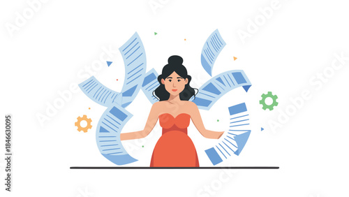 Focused woman successfully multitasking with floating paperwork and gears in a flat digital illustration style, creating a dynamic