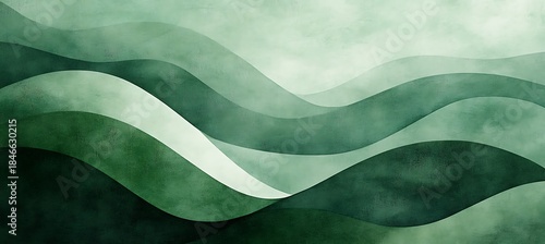 Illustration of abstract green wavy landscape with layered hills and misty atmosphere