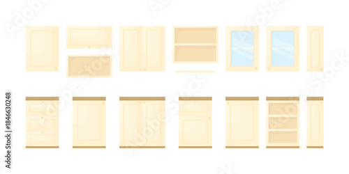 A set of kitchen furniture on a white background. Beige kitchen cabinets, upper and lower. Kitchen interior.