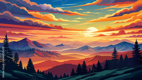 Very beautiful breathtaking sunset over the Allegheny Mountains, vibrant sky colors, layered silhouettes, and dramatic natural atmosphere captured in expressive vector illustration style.