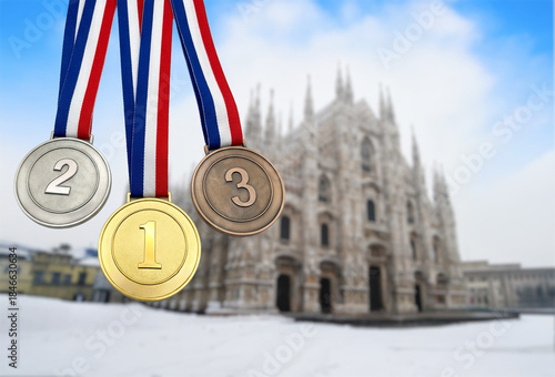 medals against the backdrop of Milano with the  in a blurred background, winter olympic games 2026