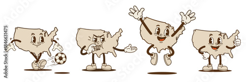 Retro cartoon style united states map mascot character playing soccer