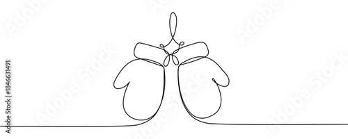 Winter Mittens one line drawing, Santa Christmas mittens. Continuous linear drawing of mittens. Vector illustration. 