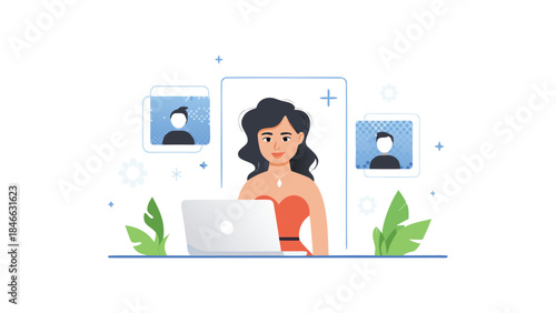 Modern remote work is depicted in a flat cartoon illustration of a woman using a laptop in front of video call windows