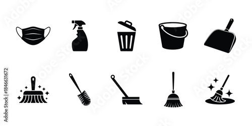 Black cleaning tools and hygiene items silhouettes