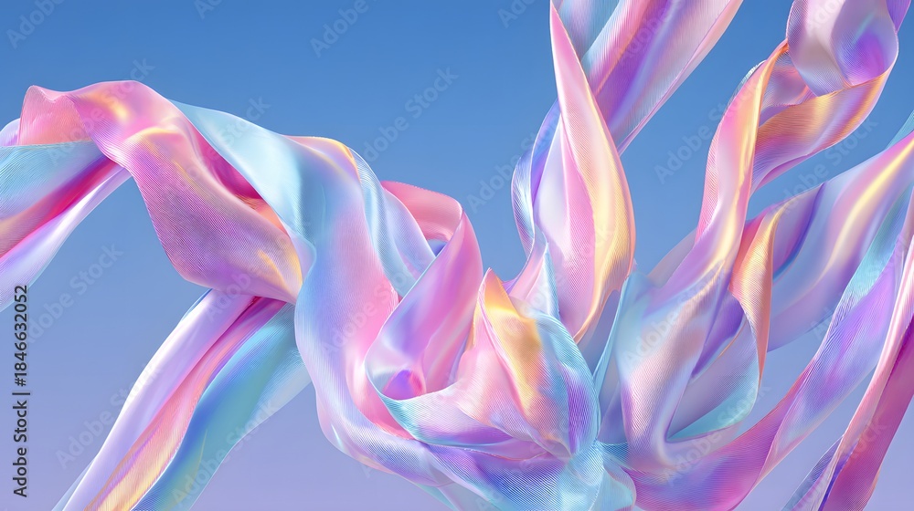 Fototapeta premium Abstract iridescent flowing fabric ribbons dance against a soft blue gradient background in digital art