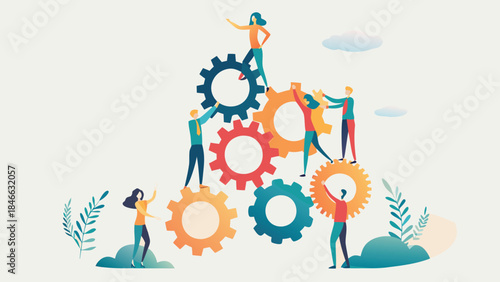 People working together to build with gears, an isometric illustration symbolizing teamwork, collaboration, and achieving common goals