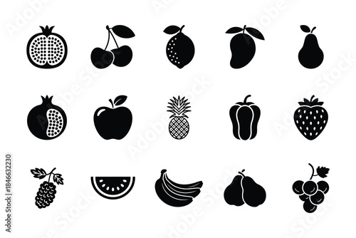 Fruit icon set, Minimal black food silhouettes vector collection