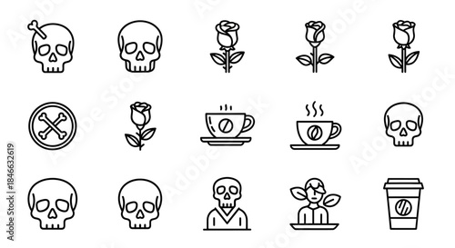 Line Art Vector Set: Skulls, Roses, Coffee, and Figure, A Blend of Life and Afterlife Elements in