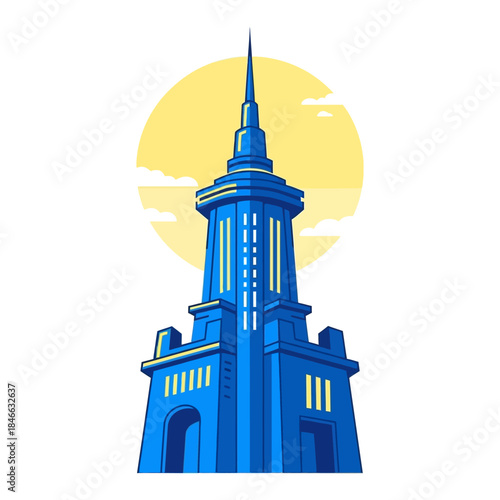 Stylized blue tower silhouette against a bright yellow sun backdrop showcasing geometric precision