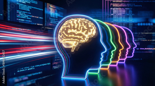 Neon AI brain with human head silhouettes, generative artificial intelligence, deep learning and digital mind data.