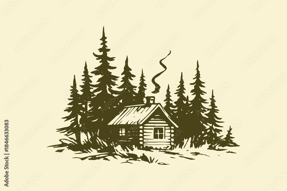 Fototapeta premium Forest cabin with pine trees minimalist hand drawn vector illustration