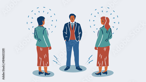 Abstract drawing depicting a businessman standing between two businesswomen illustrates the concept of invisible systems of success and influence