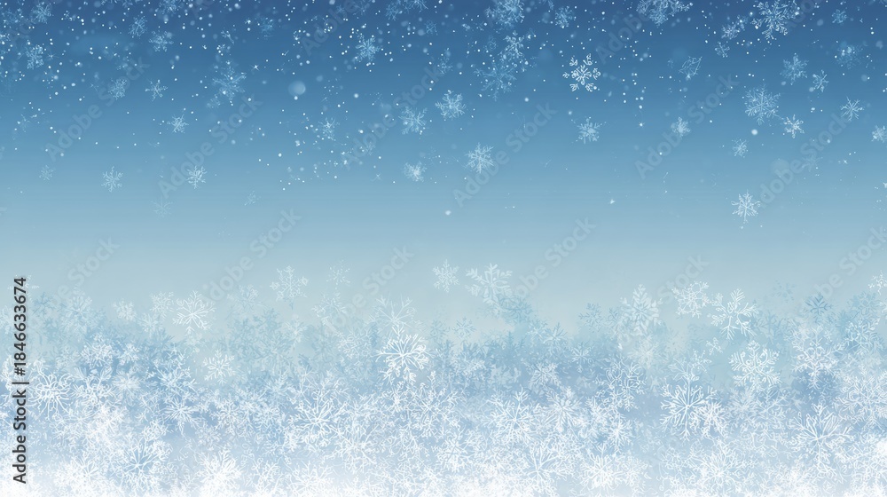 Obraz premium abstract winter snowflakes 3D effect horizontal banner background. Pale arctic blue gradient with soft shimmering snowfall, layered translucent snowflake shape, minimal aesthetic