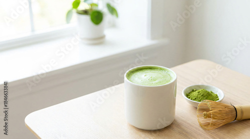Green matcha latte in a minimalist mug with bamboo whisk