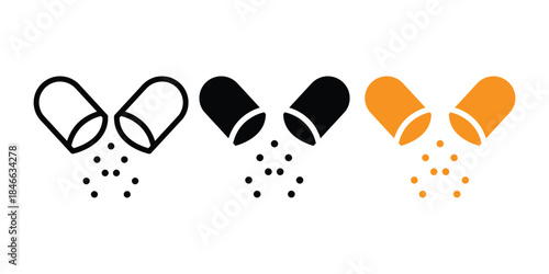 Healthcare pill icon set. Medicine pills and capsules icons black and outline